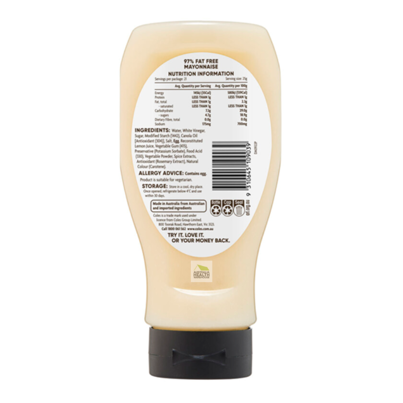 [CLEARANCE Expiry Date: 22/05/2026] Coles 97% Fat Free Mayonnaise 525g