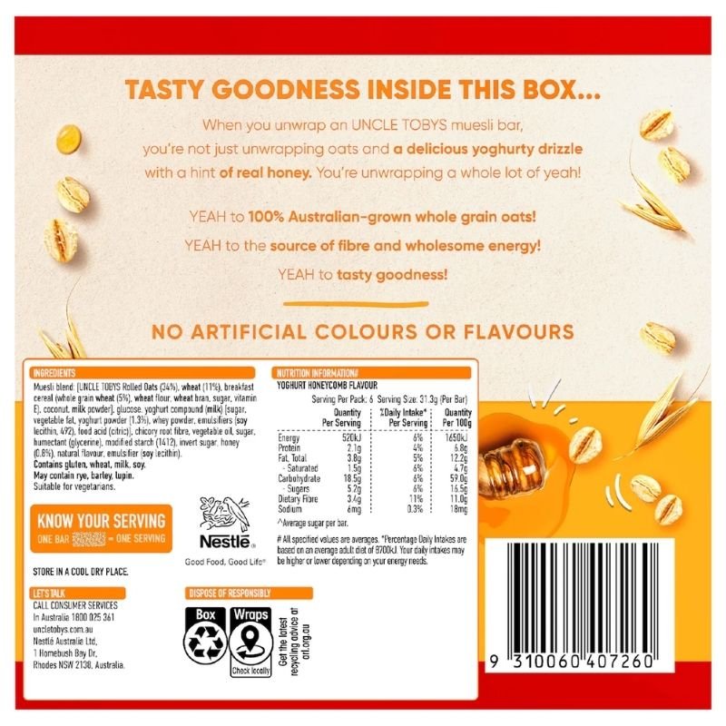 Uncle Tobys Muesli Bars Yoghurt Honeycomb 6 Pack 185g