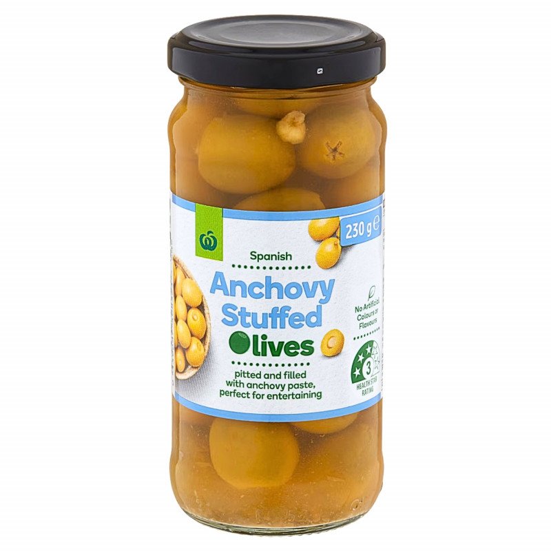 [Expiry Date: 21/04/2028] Woolworths Anchovy Stuffed Green Mediterranean Olives 230g