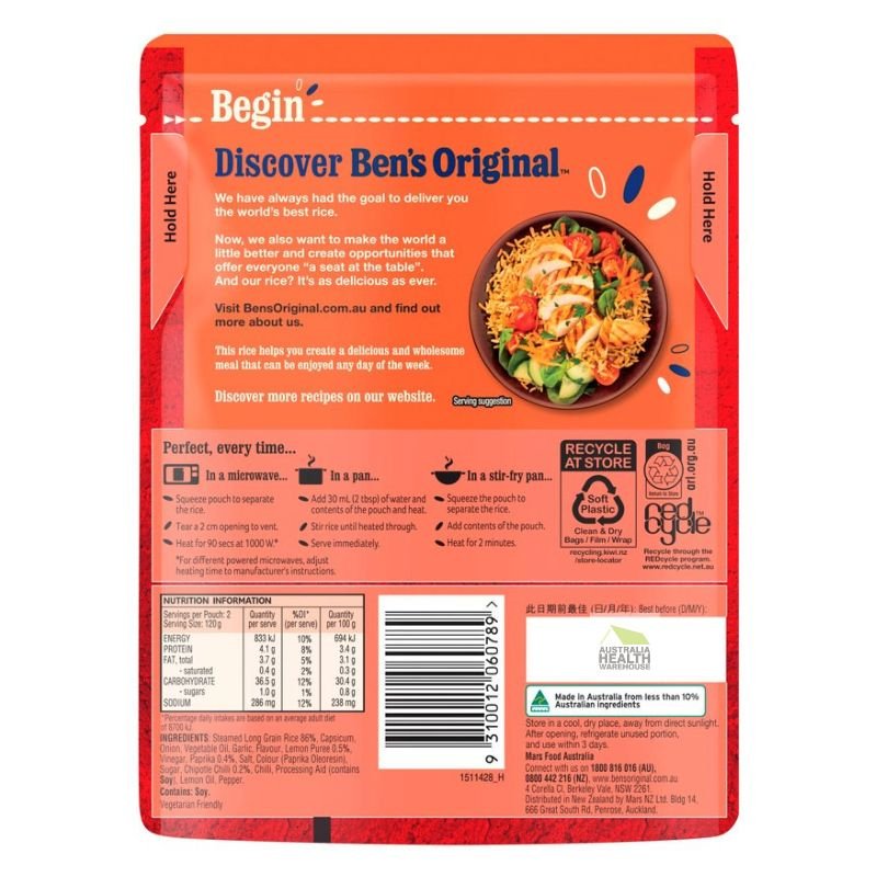 [Expiry: 21/12/2026] Ben's Original Taste of Takeaway Peri Peri Rice Microwave Rice Pouch 240g|Oz Mart