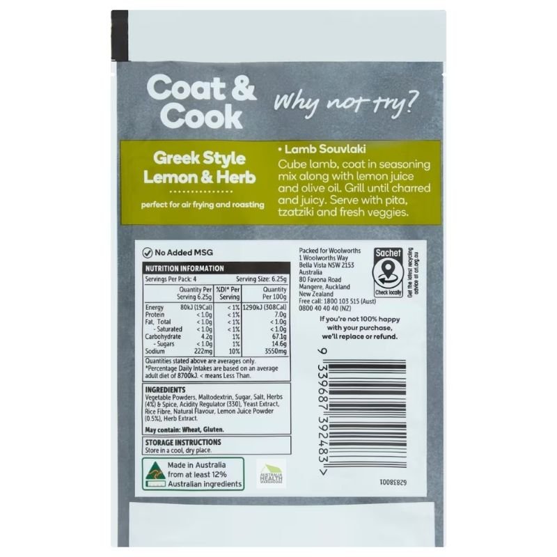 [Expiry Date: 20/06/2027] Woolworths Coat & Cook Seasoning Mix Greek Style Lemon & Herb 25g