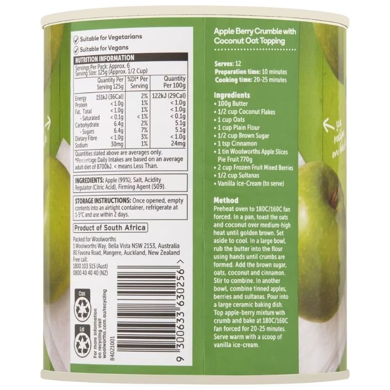 [Expiry Date: 30/04/2028] Woolworths Apple Slices Pie Fruit 770g