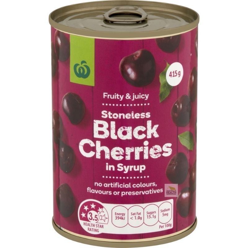 [Expiry Date: 10/07/2027] Woolworths Stoneless Black Cherries In Syrup 415g |Oz Mart