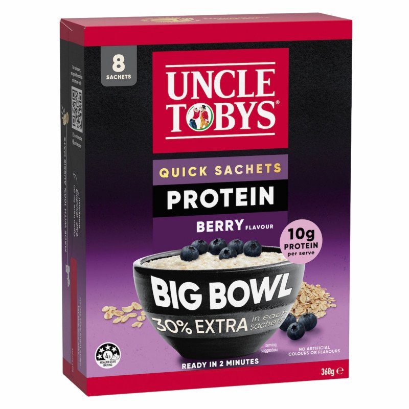 [Expiry Date: 23/02/2027] Uncle Tobys Oats Quick Sachets Protein Berry Big Bowl Porridge 8 Pack 368g