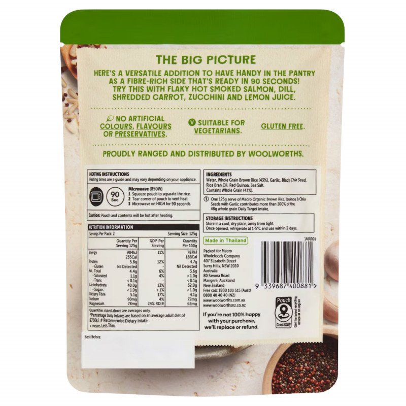 [Expiry Date: 30/11/2026] Woolworths Macro Brown Rice Quinoa Chia & Garlic Pouch 250g