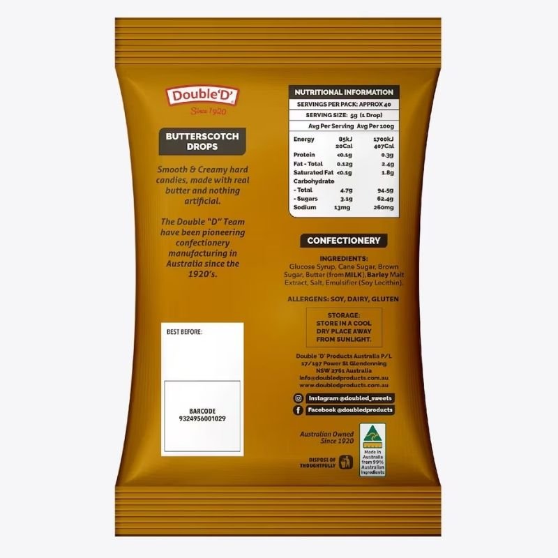 [Expiry Date: 09/07/2028] Double 'D' Butterscotch Drops 200g
