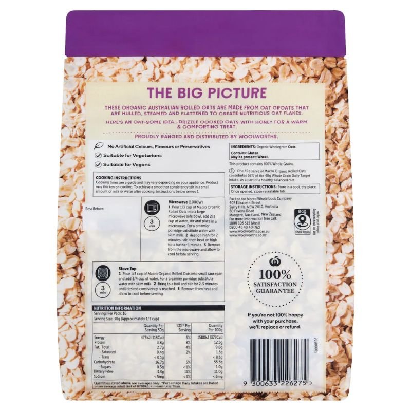 [Expiry: 08/02/2027] Woolworths Macro Organic Australian Rolled Oats 500g