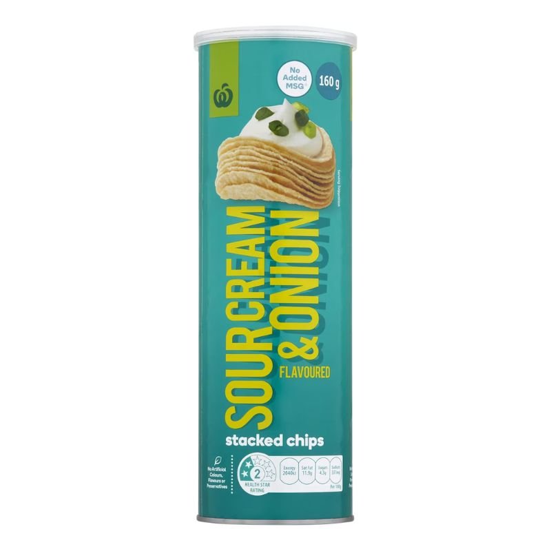 [CLEARANCE Expiry: 15/10/2026] Woolworths Sour Cream & Onion Stacked Chips 160g