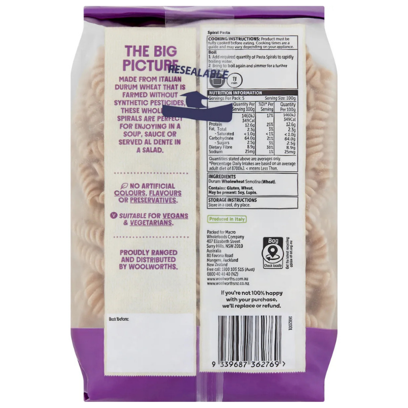 [Expiry: 05/2027] Woolworths Macro Organic Wholemeal Spirals 500g