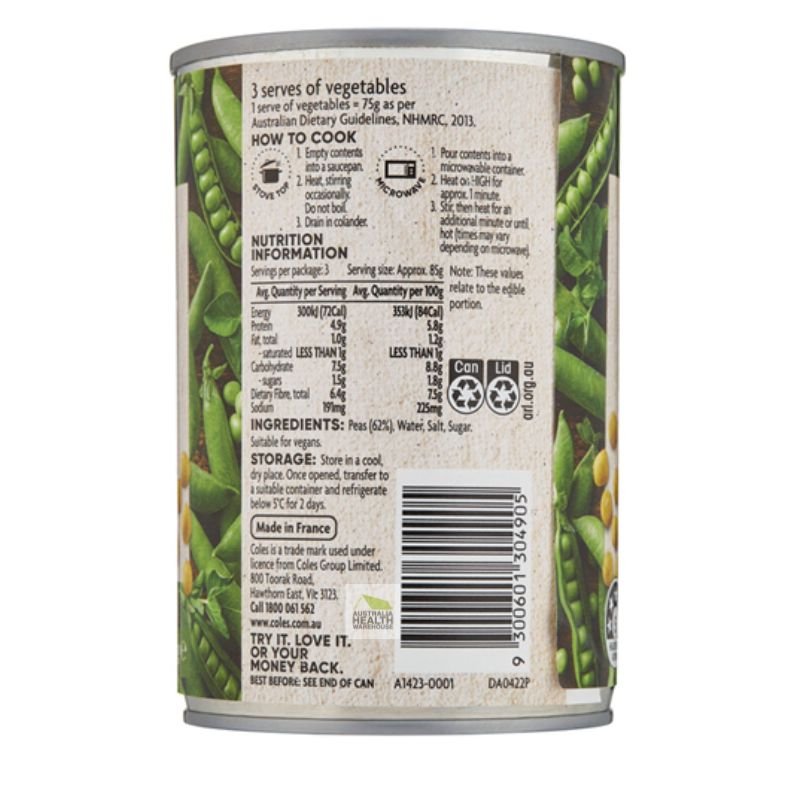 [Expiry Date: 30/06/2028] Coles Baby Peas 420g