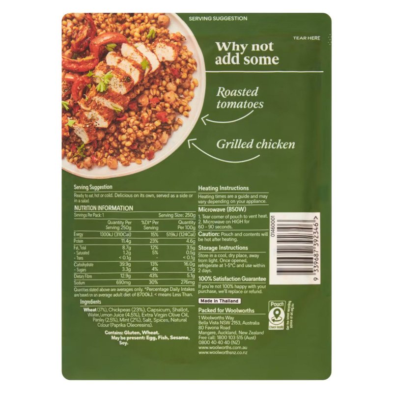 [Expiry Date: 18/05/2026] Woolworths Lebanese Style Grains & Chickpeas 250g