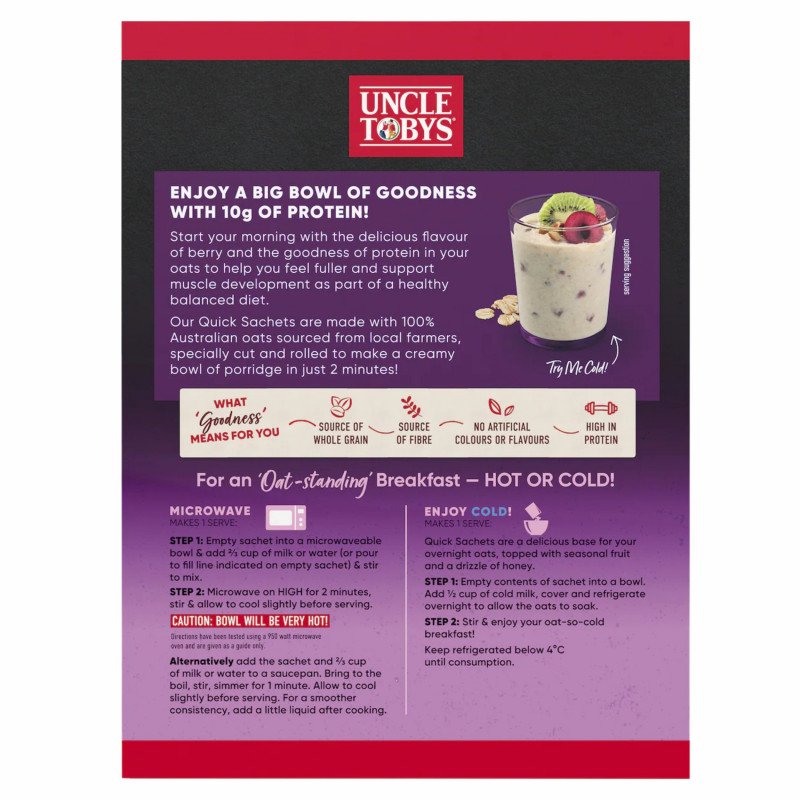 [Expiry Date: 23/02/2027] Uncle Tobys Oats Quick Sachets Protein Berry Big Bowl Porridge 8 Pack 368g