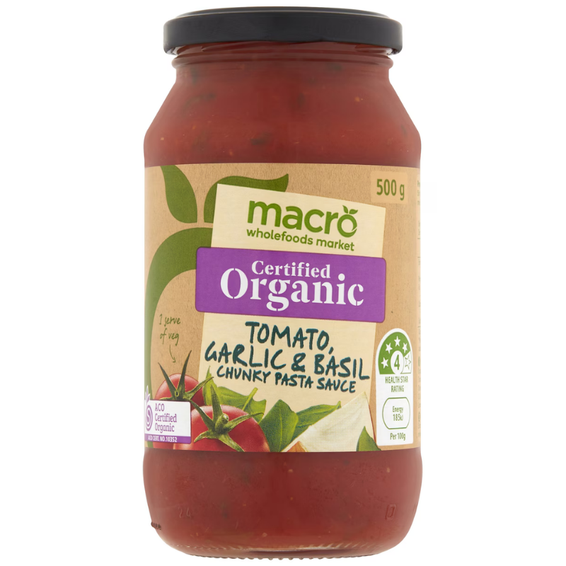 [Expiry Date: 23/01/2028] Woolworths Macro Organic Tomato, Garlic & Basil Chunky Pasta Sauce 500g