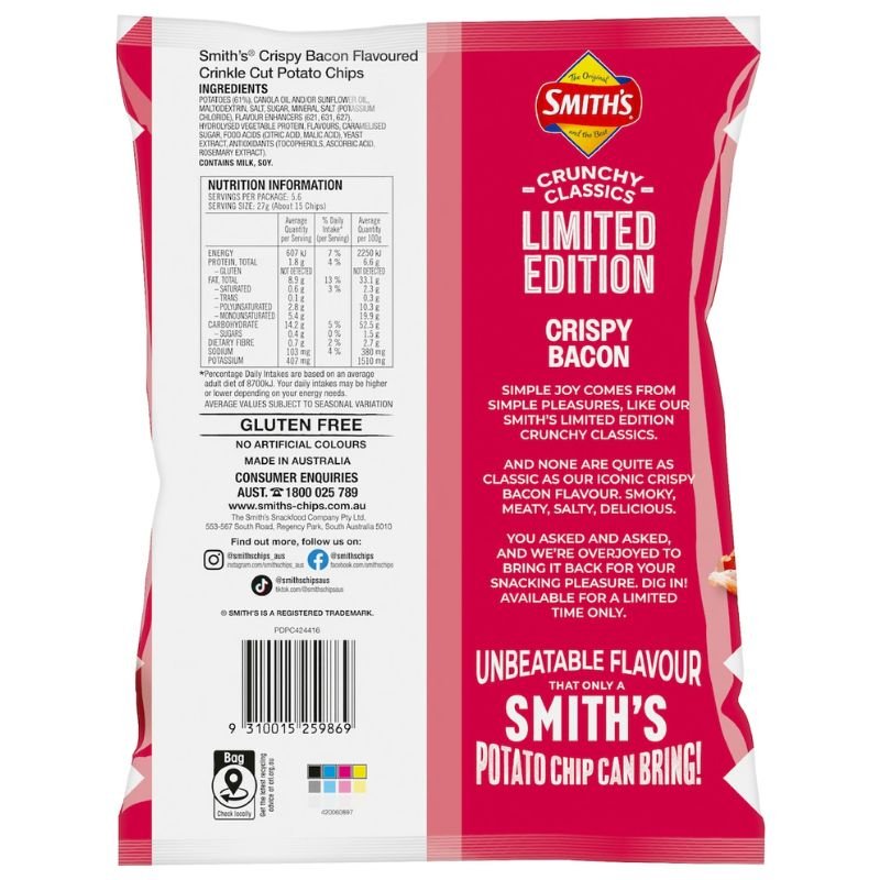[CLEARANCE Expiry: 06/12/26] Smith's Crinkle Cut Potato Chips Crispy Bacon 150g