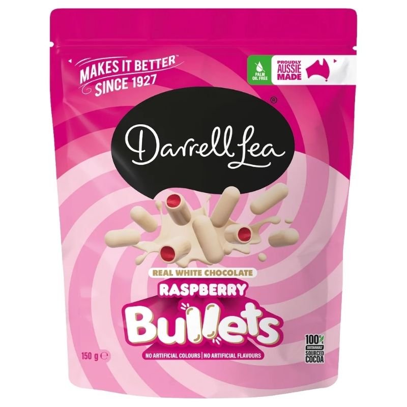 [Expiry Date: 08/06/2027]  Darrell Lea White Chocolate Raspberry Bullets 150g