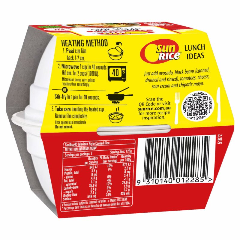 [CLEARANCE Expiry Date: 23/08/2026] Sunrice Microwave Flavoured Mexican Style Rice Cups 2 x 125g