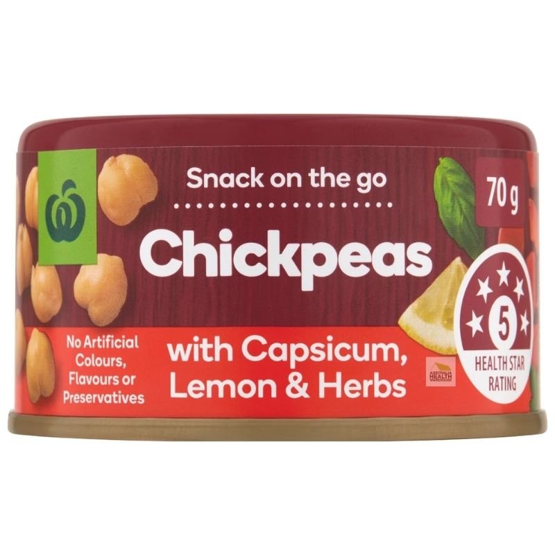 [Expiry Date: 30/04/2027] Woolworths Chickpeas with Capsicum, Lemon & Herbs 70g