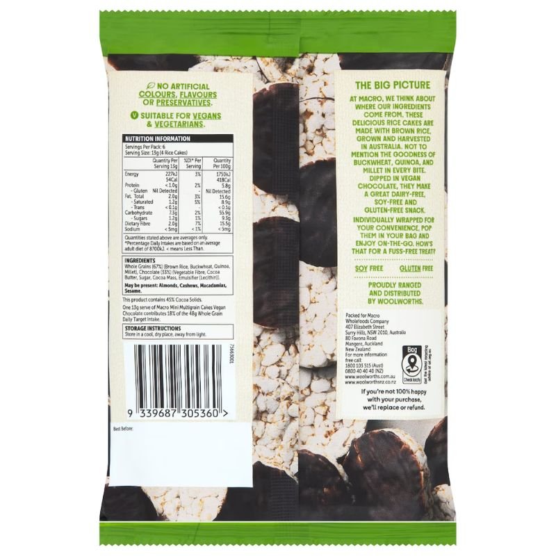 [Expiry: 17/11/2026] Woolworths Macro Mini Multigrain Rice Cakes Vegan Chocolate 6 Packs 78g