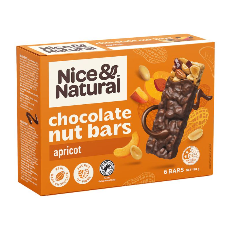 [CLEARANCE Expiry: 19/04/2025] Nice & Natural Chocolate Nut Bars Apricot 6 Bars 180g