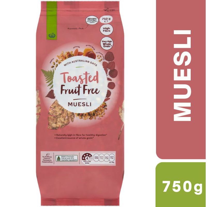[CLEARANCE Expiry Date: 05/08/2026] Woolworths Toasted Fruit Free Muesli 750g