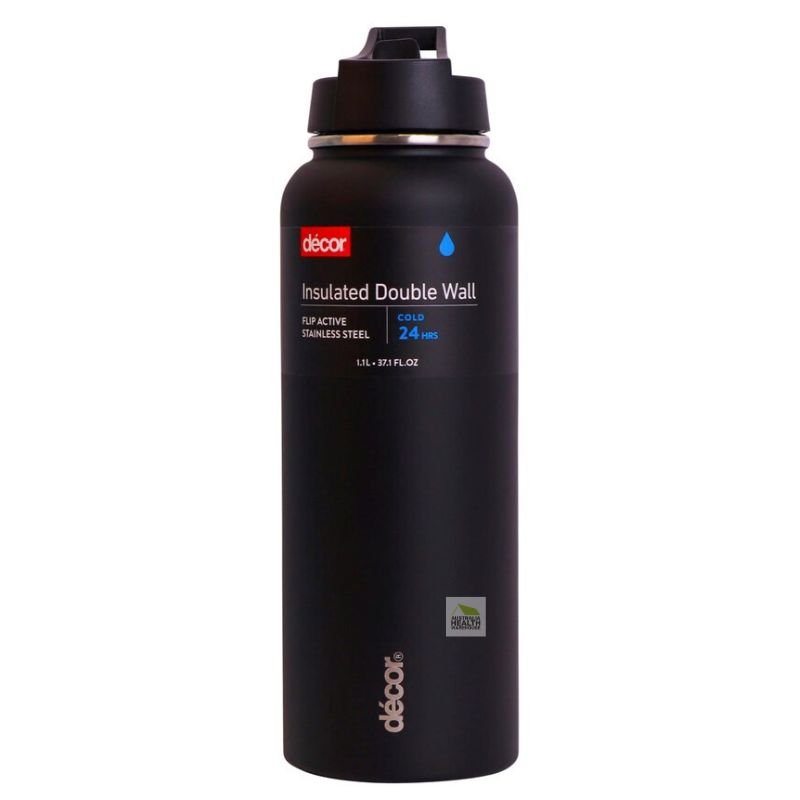 Decor Insulated Double Wall Flip Active Stainless Steel Bottle 1.1 Litre (BLACK)