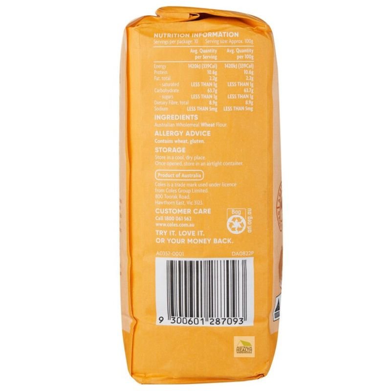 [CLEARANCE Expiry Date: 22/09/2026]  Coles Wholemeal Plain Flour 1kg