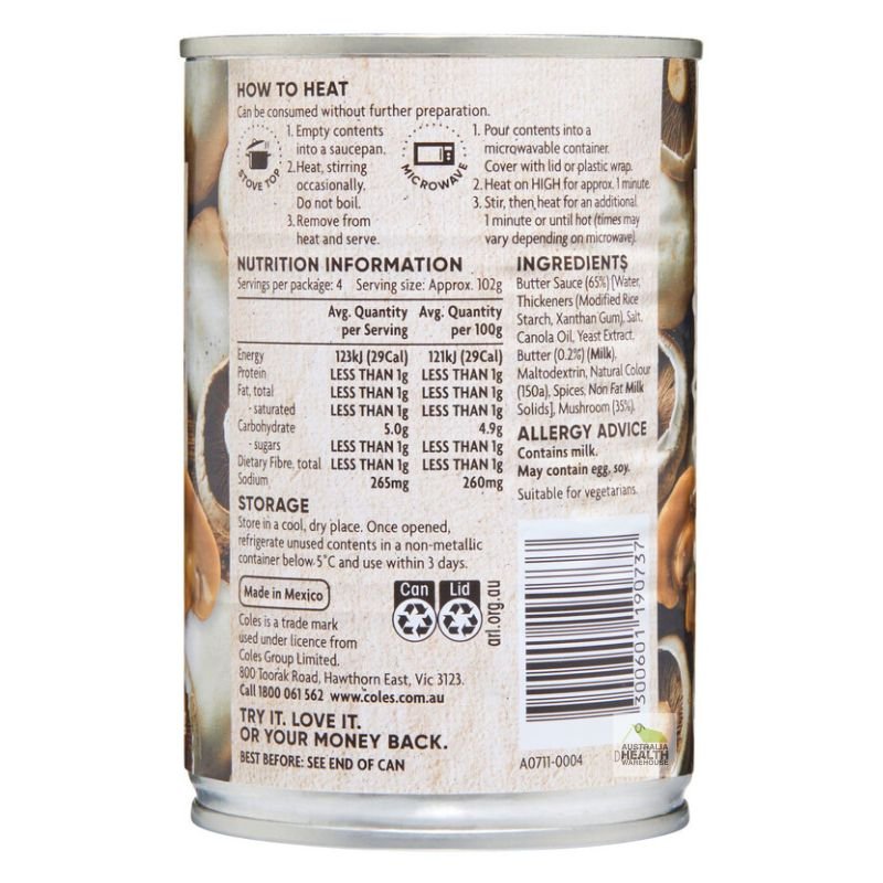 [Expiry: 09/2027] Coles Sliced Mushrooms in Butter Sauce 410g
