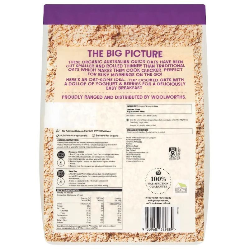 [Expiry Date: 06/02/2027] Woolworths Macro Organic Australian Quick Oats 1kg