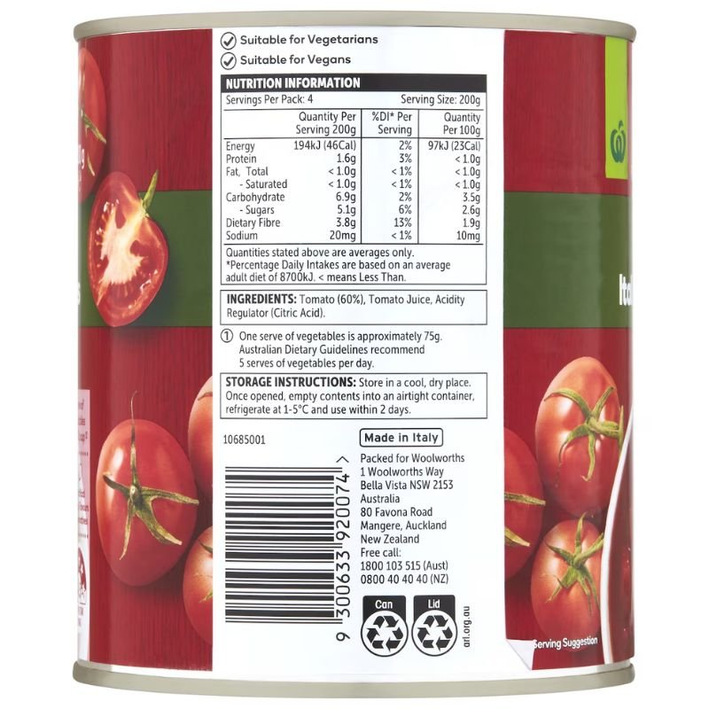[Expiry Date: 31/07/2028] Woolworths Diced Italian Tomatoes 800g