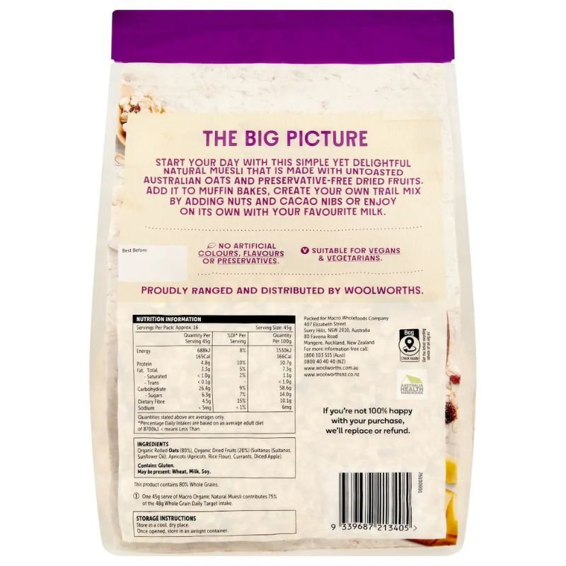 [Expiry Date: 19/09/2026] Woolworths Macro Organic Natural Muesli 750g