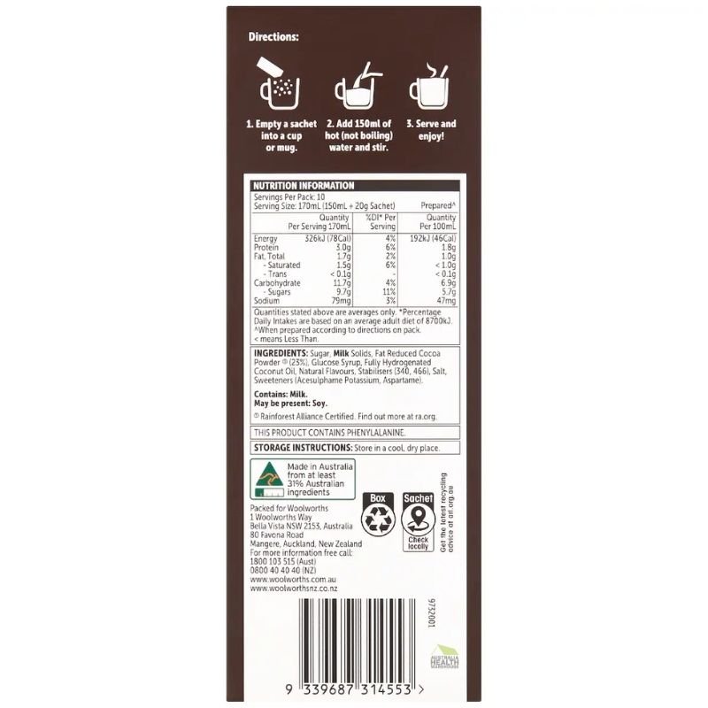 [Expiry Date: 17/03/2027]  Woolworths Hot Chocolate 10 Pack