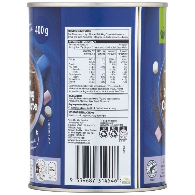 [CLEARANCE Expiry Date: 31/07/2026] Woolworths Instant Chocolate Powdered Drink 400g