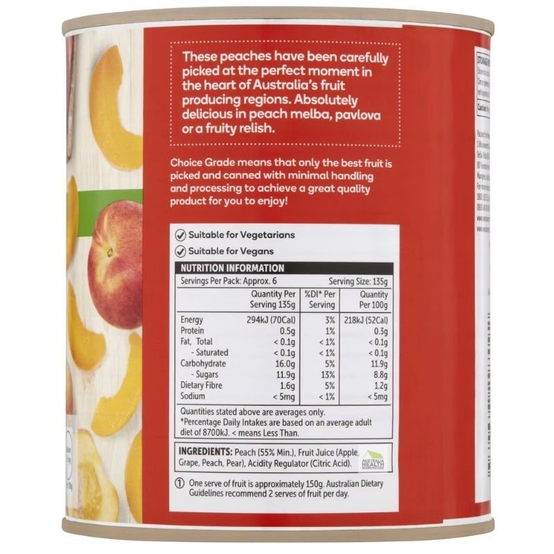 [Expiry Date: 30/04/2027]  Woolworths Australian Peach Slices In Juice 825g