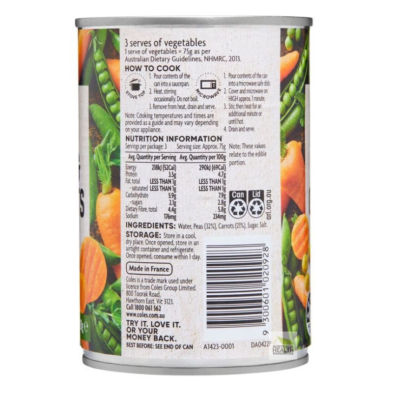 [Expiry Date: 30/09/2029] Coles Peas & Carrots 420g