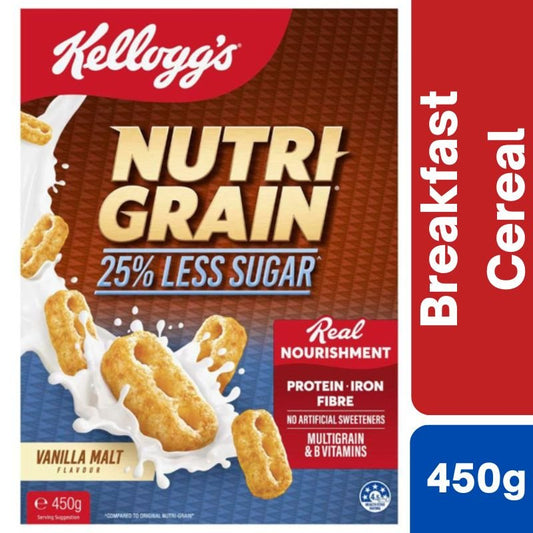 [Expiry Date:22/04/2027]  Kellogg's Nutri Grain 25% Less Sugar Vanilla Malt Flavour 450g