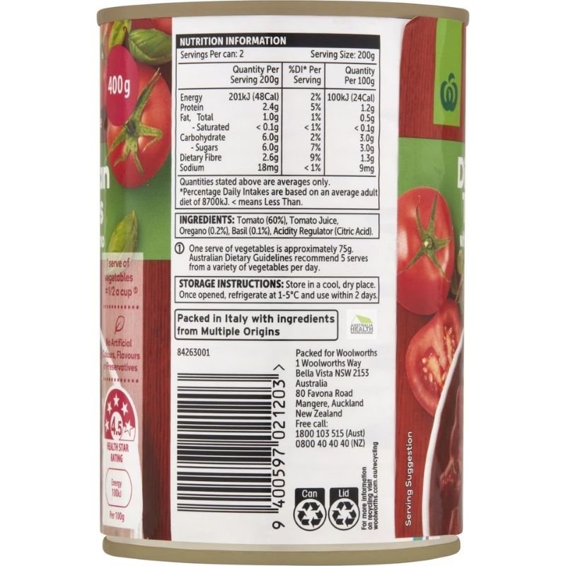 [Expiry: 31/08/2027] Woolworths Diced Italian Tomatoes Basil & Oregano 400g