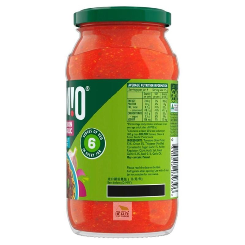[Expiry Date: 26/04/2027] Dolmio Tomato, Onion & Roast Garlic Salt Reduced Pasta Sauce 500g