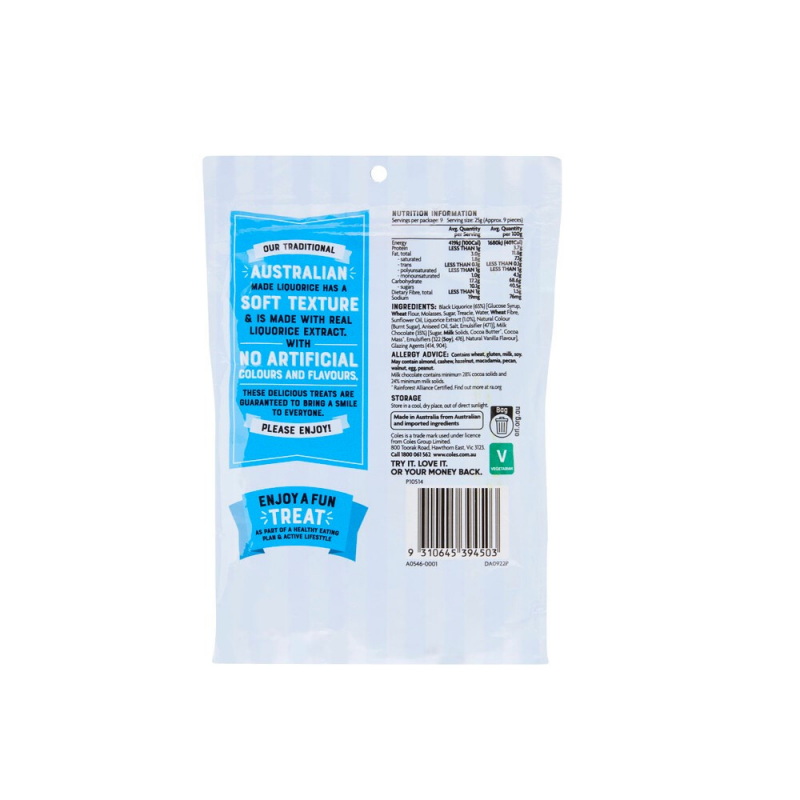 [CLEARANCE Expiry: 05/08/2025] Coles Milk Chocolate Liquorice Bullets 226g