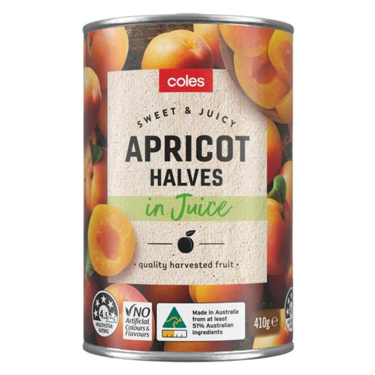[Expiry: 01/2029] Coles Australian Apricot Halves In Juice 410g