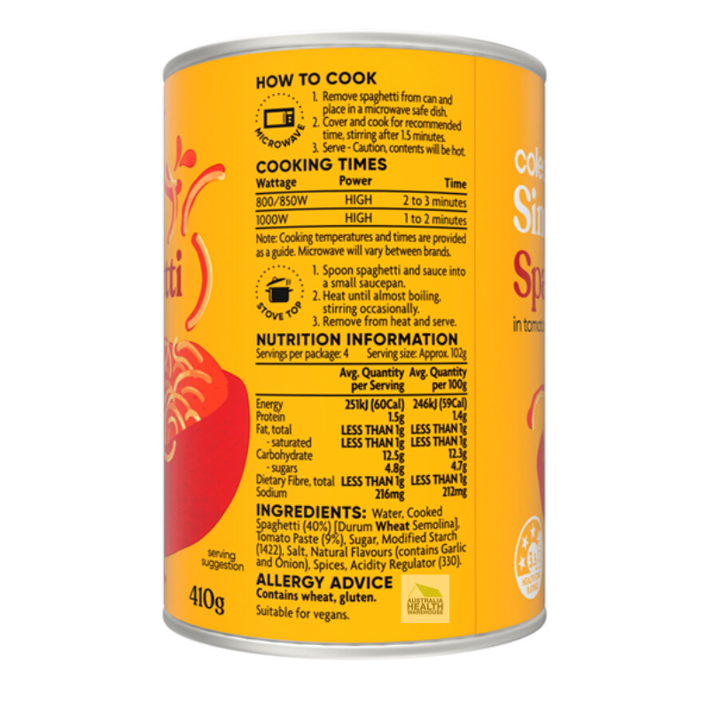 [Expiry Date: 03/06/2027] Coles Simply Spaghetti in Tomato Sauce 410g