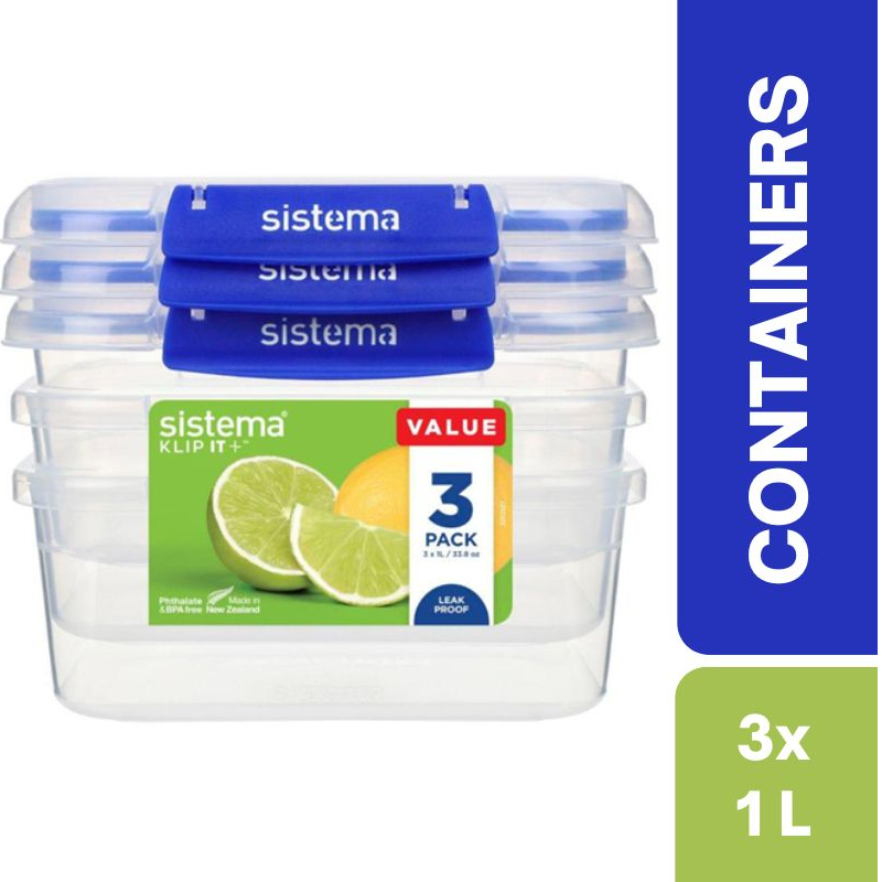 Sistema KLIP IT Plus Rectangle Food Storage Container 1 Litre x 3 pack