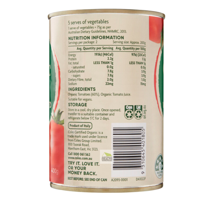Coles Organic Italian Whole Peeled Tomatoes 400g