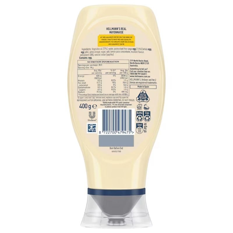 [Expiry Date: 09/02/2027] Hellmann's Real Mayonnaise Squeeze 400g