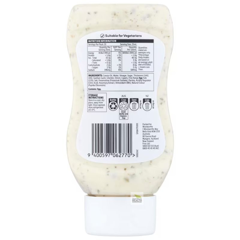[Expiry: 01/2027] Woolworths Tartare Sauce 330mL