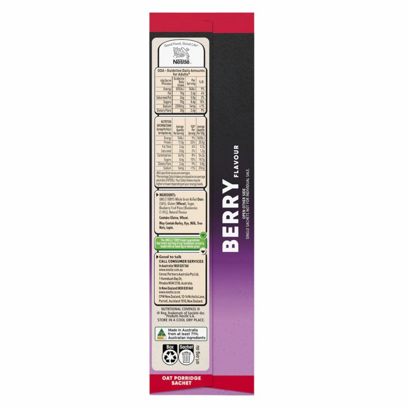 [Expiry Date: 23/02/2027] Uncle Tobys Oats Quick Sachets Protein Berry Big Bowl Porridge 8 Pack 368g