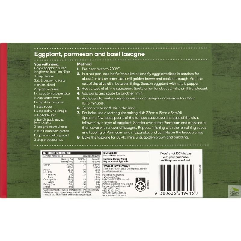 [Expiry: 16/09/2027] Woolworths Lasagne Sheets 250g