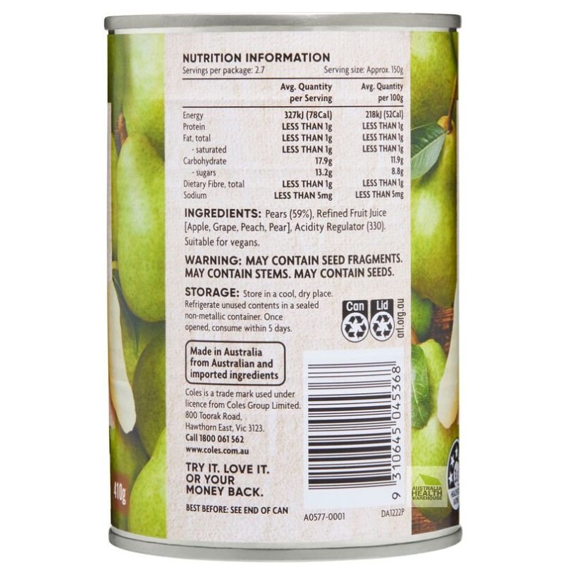 [Expiry Date: 04/2028] Coles Australian Pear Slices in Juice 410g