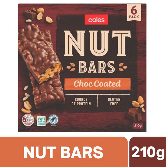 [CLEARANCE Expiry: 08/07/2026] Coles Nut Bars Choc Coated 6 Bars 210g
