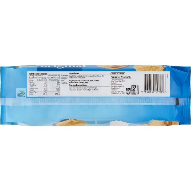 [Expiry: 13/09/2026] Woolworths Original Rice Crackers 100g