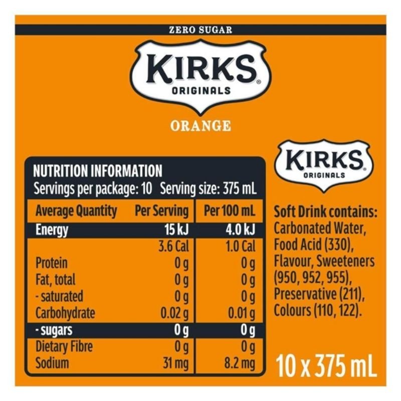 [CLEARANCE Expiry: 08/06/2026] Kirks Zero Sugar Orange Soft Drink Cans - 10 x 375mL